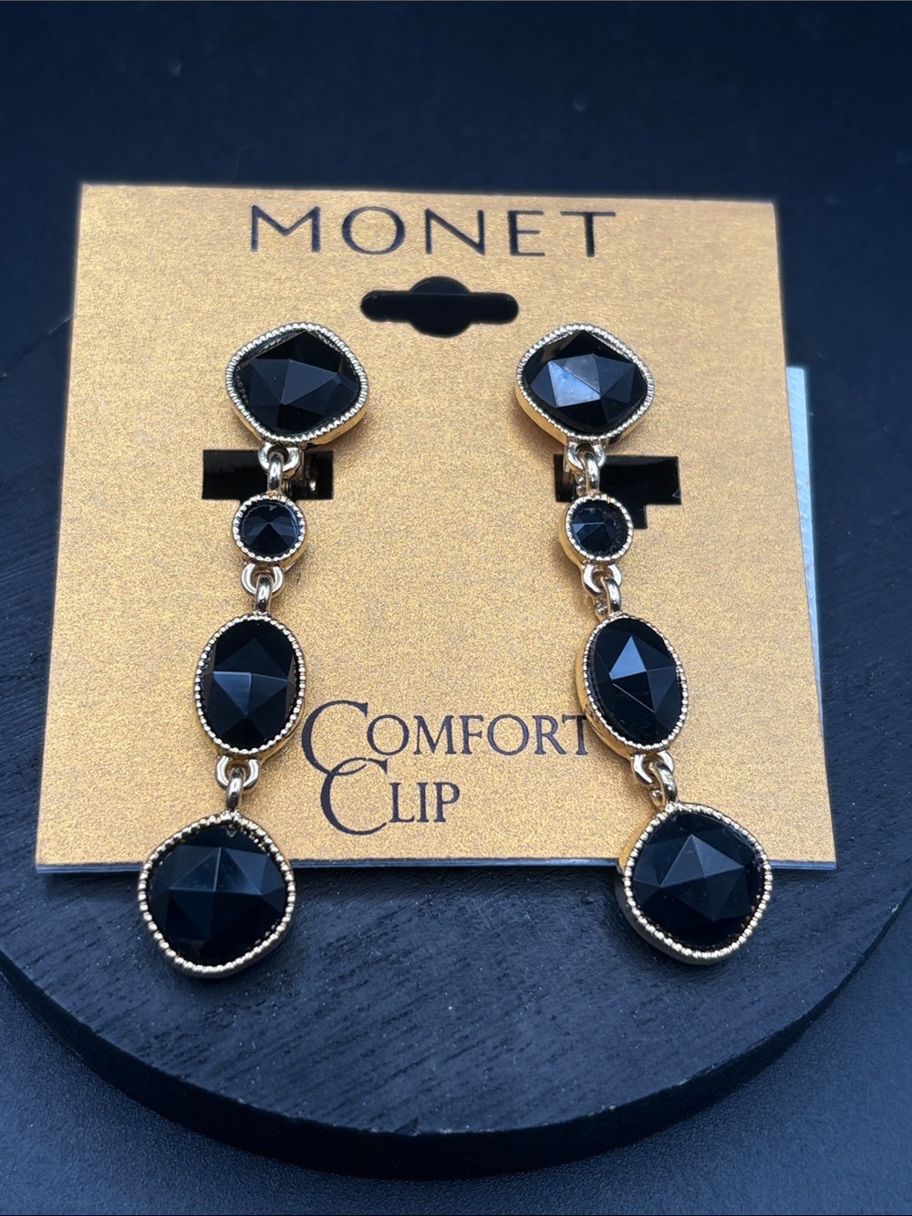 MONET CLIP ON EARRINGS GOLD TONE BLACK NEW ON CARD